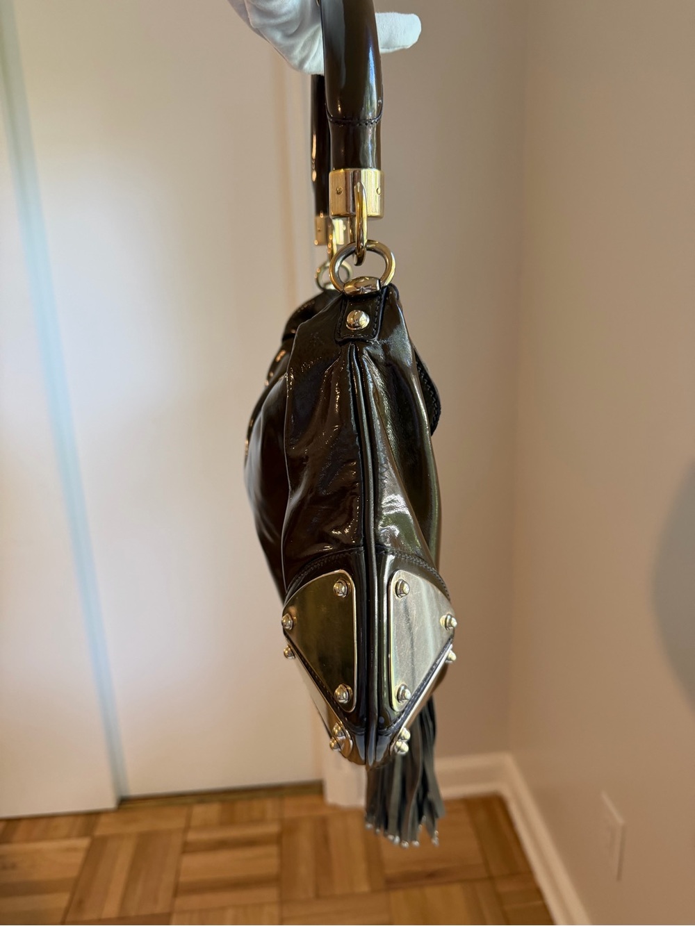 Gucci Indy Medium Brown Patent Leather Bamboo Hobo Bag - Picture 6 of 12